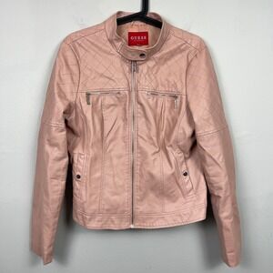 Guess Jacket Women's Large Pink Quilted Faux Leather Moto